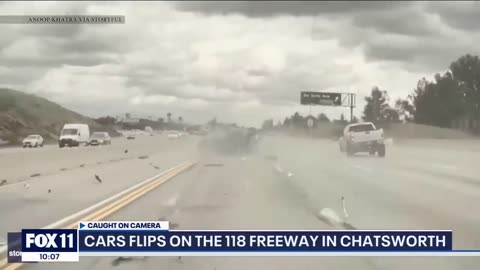 Tire pops off truck, causes car to flip on Chatsworth freeway