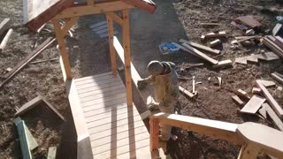 Sanding smooth the 100% cedar treehouse by Bigfoot Treehouses