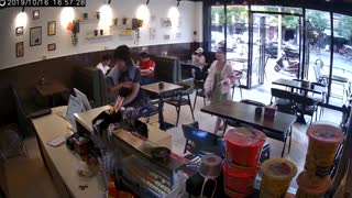Angry Diner Floors And Kicks Customer For Touching Bag