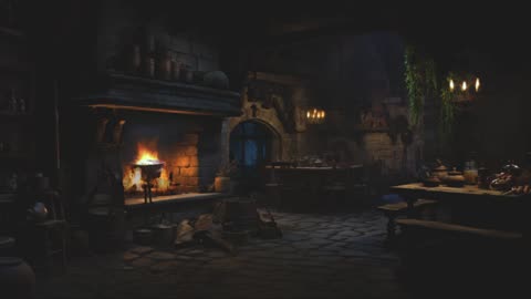 Medieval Kitchen - Crackling Fire, Night & Cooking Ambience/ASMR