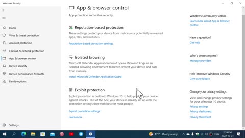 Windows 10 Security app and browser controls