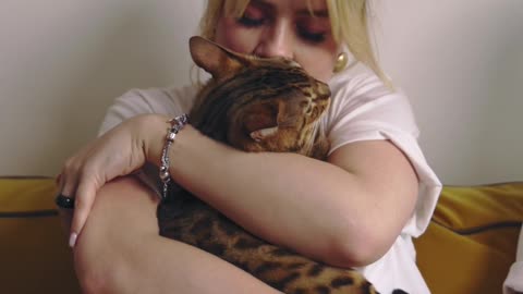 The cat and its owner share love with each other with hugs.
