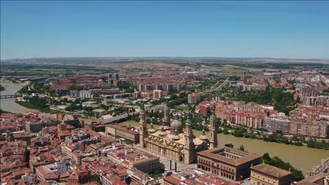 aerial spain sunny day aerial video of downtown zaragoza in spain on a beautiful sunny day