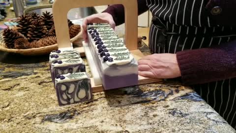 Cutting FRASER FIR & BLACKBERRY artisan handmade soap, Outlander inspired