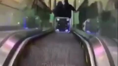 Robot cae por escaleras electricas