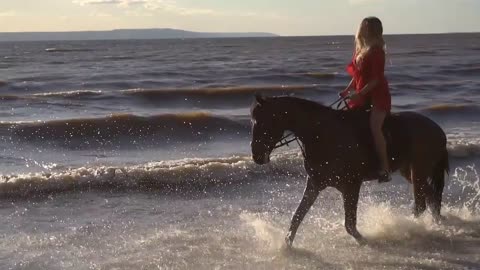 Woman riding on horse at river beach in water sunset light