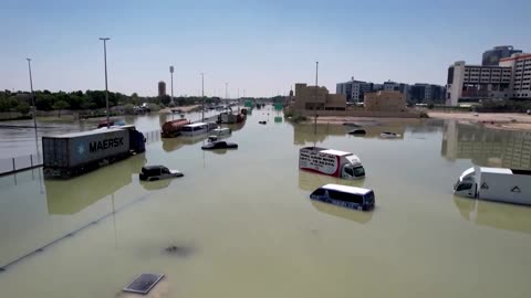 Drone footage shows flooded highway in Dubai