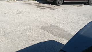 Man cools off his tires on 36°C hot day outside