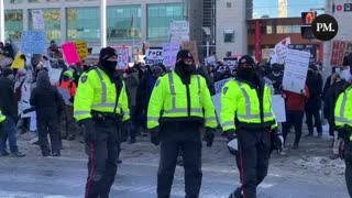 Counter-protestors in opposition of the Freedom Convoy chant “Trans rights are human rights.