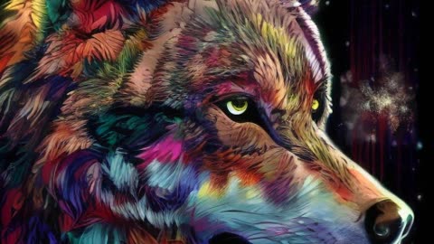 a painting of a wolf with a colorful background. carnivore, nature, organism, dog, painting, art, wolf, fang, snout, illustration