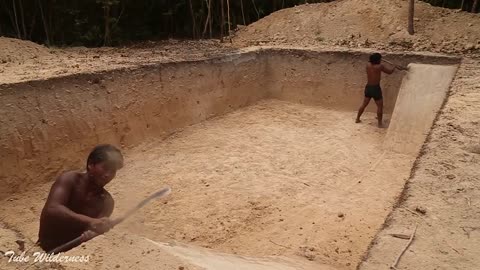 Build Underground Tunnel House and Palm Swimming Pool& Leaf Bathtub