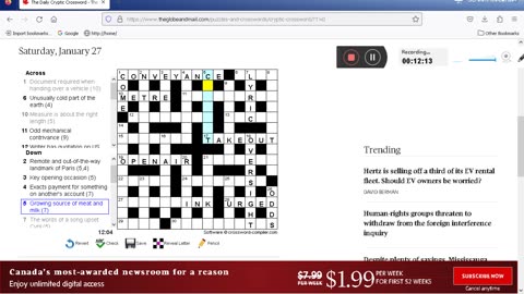 Globe and Mail Cryptic Crossword Jan. 27, 2024