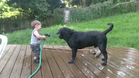 Bbay boy playing with dog