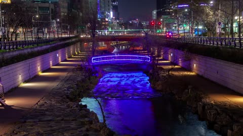 Korea city street and walking road with a bridge