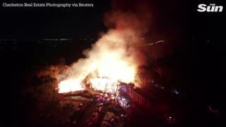 Drone footage shows large fire at a construction site in South Carolina