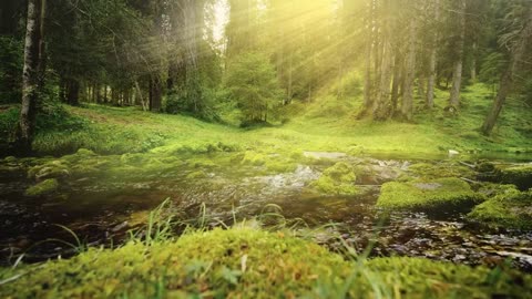 Sunbeams on flowing river in mossy forest