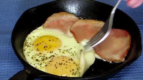 Canadian Bacon and Eggs Cooked in the Toaster Oven
