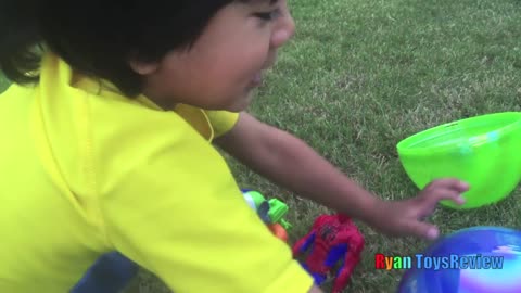 HUGE EGGS Surprise Toys Challenge with Inflatable water slide