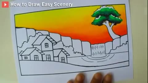 How to Draw Nature Scenery of Waterfall, Sunset and Houses | Easy Waterfall Sunset Scenery Drawing