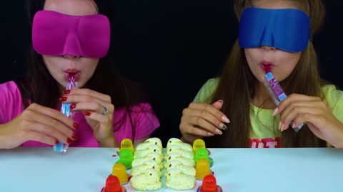 ASMR Candy Race with Closed Eyes (Gummy Eyeballs, Jelly Straws, Peeps Marshmallow)