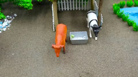 tractor mini Farm Diorama with Concrete Bridge for Cow_ Horse _ Blue lake with beautiful fishs