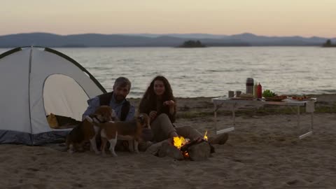 Couple sitting beside tent and campfire on the beach and feeding two beagle dogs