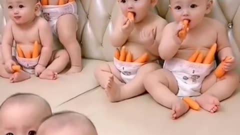 The cute babies start eating happily at the camera, which is so amazing