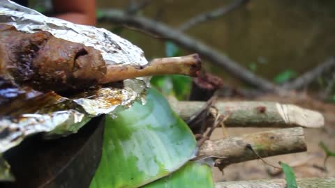 Documentary Roasted Goat Leg BBQ in Forest eating