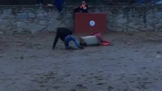 Bull runs through a bunch of guys and knocks one guy off of trash cans