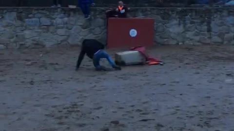 Bull runs through a bunch of guys and knocks one guy off of trash cans