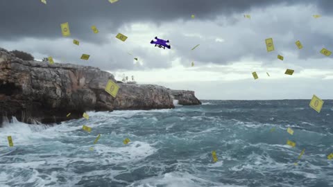 "Ocean of Wealth: Animated Money Rain, Rough Seas, and Drone Flight 🌊💸✨"