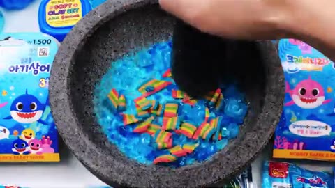 Satisfying Video Mixing Random Things Blue Baby Shark Candy Mentos into Clear Slime GoGo Slime ASMR
