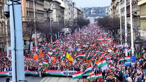 Budapest, Hungary – 15.03.2022 Thousands and thousands took to the streets of Budapest