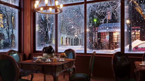 Cozy Coffee Shop + Calming Jazz Music Snowy Cafe Ambience ❄️ Smooth Jazz with Falling Snow