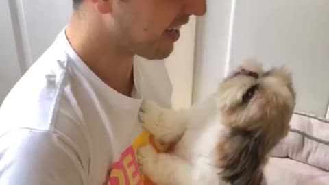 Dog greets dad after he was traveling