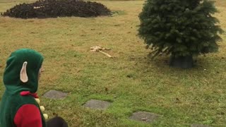 Music girl dressed as elf jumps onto fake christmas tree in yard