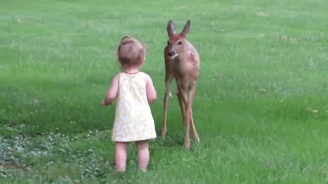 Baby Girl Plays with Fawn