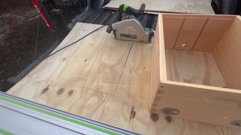 Using a tracksaw to cut plywood for a Queen Mating/Bank Box