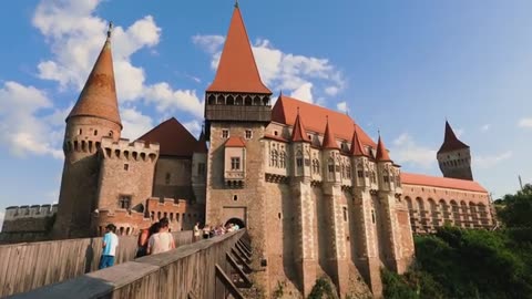 Transylvania Corvin Castle. In Hunedoara, Romania 4K