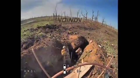 FPV drone flying into a trench with Ukrainian soldiers who tried to shoot it down.