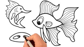Drawing and Coloring for Kids - How to Draw Fishes and Crab