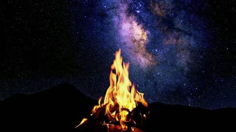 4K Night Campfire under the stars with crackling fire and natural wind sounds