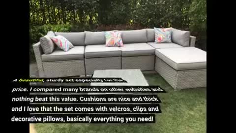 COSIEST 6-Piece Outdoor Furniture Set Warm Gray Wicker Sectional Sofa w Thick Cushions, Glass Coffee