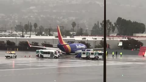 Southwest Plane Rolls Off the End of Runway at Burbank Airport