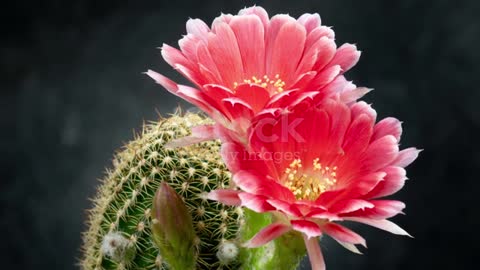 Lobivia cactus flowers in time lapse of a blooming cactus.