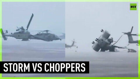 US Navy helicopters blown over during freak storm