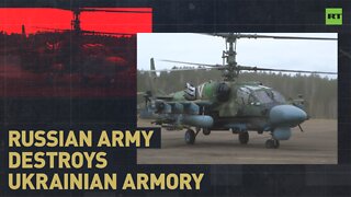 Russian combat helicopters destroy Ukrainian armory
