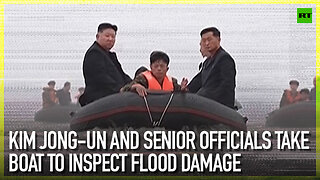 Kim Jong-un and senior officials take boat to inspect flood damage