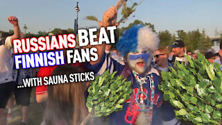 Russians beat Finnish fans with traditional veniki on epic march at EURO 2020