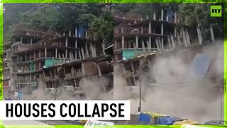 Housing buildings collapse in Himachal Pradesh, India due to landslides